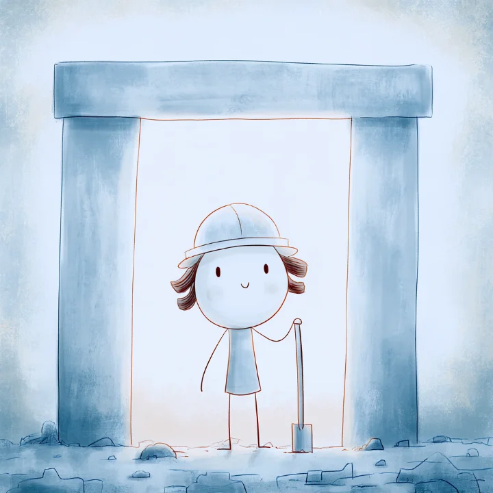 Un petit personnage en casque de chantier, pelle à la main, sous une grande arche de pierre